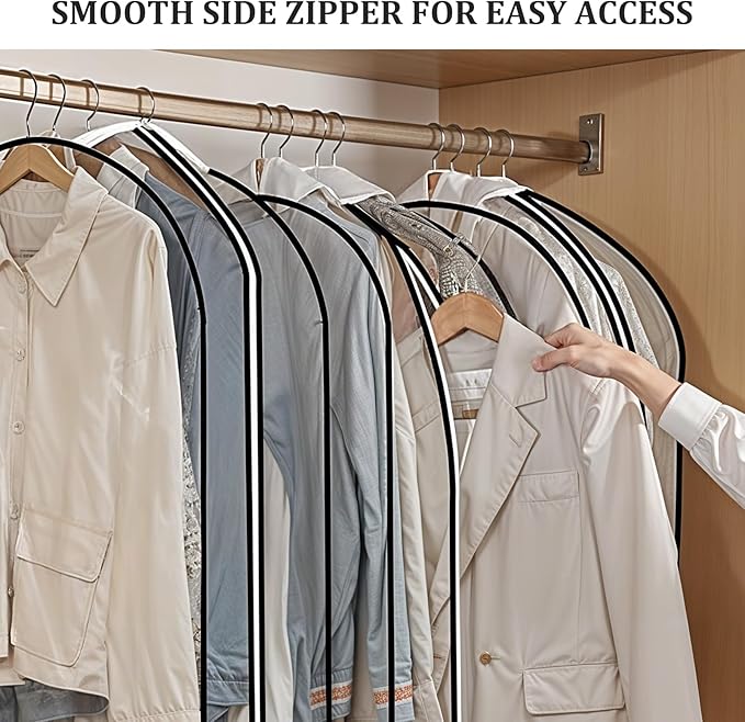 4 Pack 60" Clear Garment Bags for Hanging Clothes, with Smooth Side Zipper, Hanging Garment Bags for Closet Storage, Long, for Shirts, Coats, Dresses, Suits