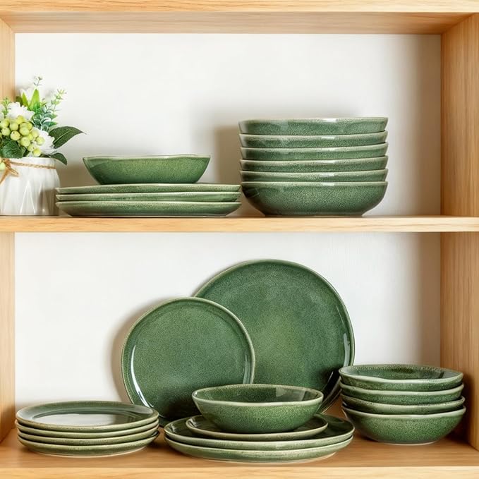 AmorArc Ceramic Dinnerware Sets,Handmade Reactive Glaze Stoneware Plates and Bowls Set,Highly Chip and Crack Resistant | Dishwasher & Microwave Safe Dishes Set,Service for 4 (12pc)