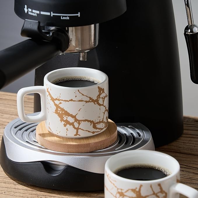 LUKA Porcelain Espresso Cup with Saucer and Metal Stand, 4 Ounce Stackable Ceramic Demitasse Espresso Mugs Cups Set for Latte,Coffee,Cafe Mocha,Tea(Set of 4),Marbling White