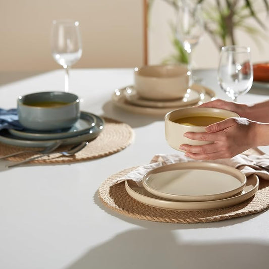 Dinnerware Set, 12 Piece Service for 4, by Kook, Ceramic 10.5” Dinner Plates, 8.2” Salad Plates and 25 oz Soup Bowls, Stoneware, 12 Piece Set, Somerset Collection (Beige)