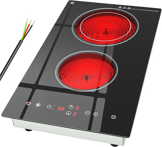 Electric Cooktop 2 Burner, 3200W Radiant Electric Stove Top 240V with Built-in Design, 12 inch Touch Control Ceramic Cooktop with Safety Lock, 9 Level Power, Timer - Hard Wire
