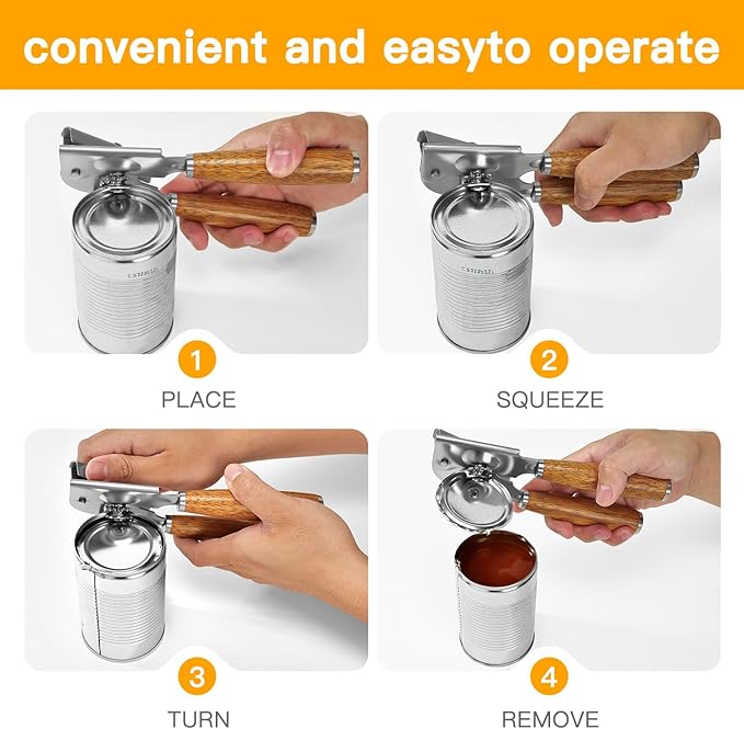 Upgraded Efficient Manual Can Opener - Selected Solid Wood Handle, Sharp and Smooth Blade Edge, Portable Design, Easy-Open Large Knob, Versatile for Various Bottle Caps(Boluoge)