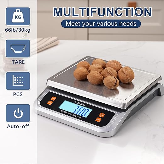 Atogou 88lb Food Scale, Commercial Kitchen Scale Plug-in Usable with Full View LCD Display, Stainless Steel, for Baking, Bread, Cooking, Meat, Vegetables, Farm, Industry LC200