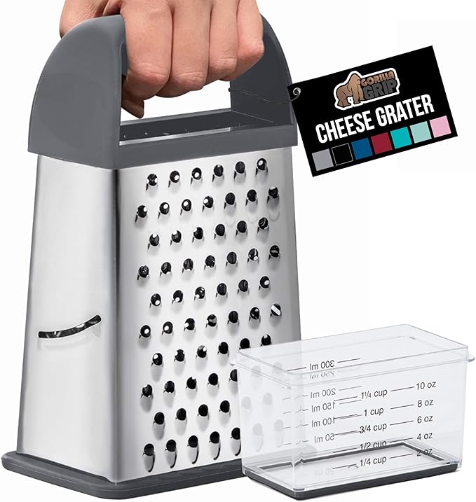 GORILLA GRIP 4-Sided 100% BPA-Free Cheese Grater With Container, Stainless Steel XL Box Graters, Parmesan Shredder, Grate Cheeses, Shred Veggies, Slip Resistant Handle, Dishwasher Safe Zester, Gray