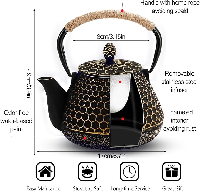 Cast Iron Tea Pot - Honeycomb Pattern Tea Kettle with Tea Leaf Infuser,Stovetop Tea Kettle Coated with Enameled Interior,Suitable for Brewing Loose Leaf Tea (Gold)