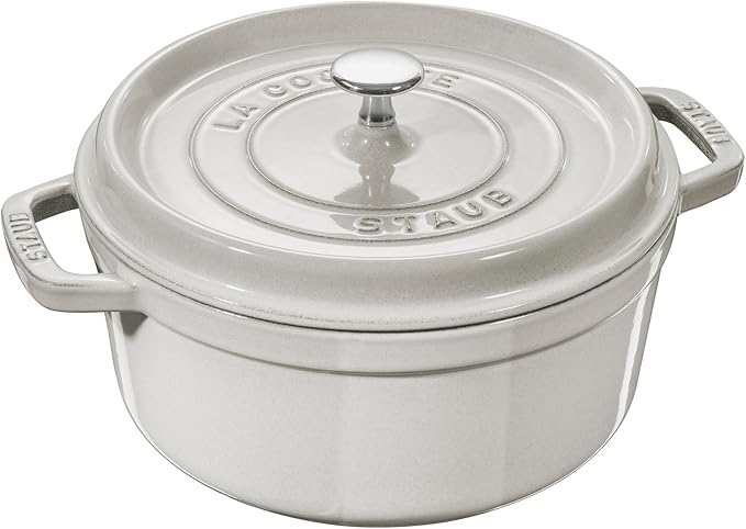 Staub Cast Iron 7-qt Round Cocotte - White Truffle, Made in France