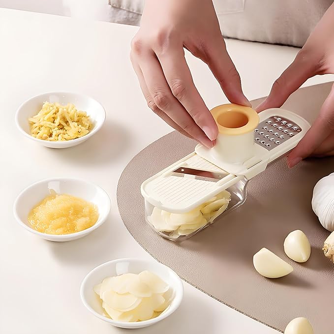 Mini Garlic Slicer,Functional Mandoline Slicers,Veggie Shredder,3 in 1 Ginger Garlic Grater with Hand Guard, Grinder Vegetable Mandoline Cutter with Container (White)