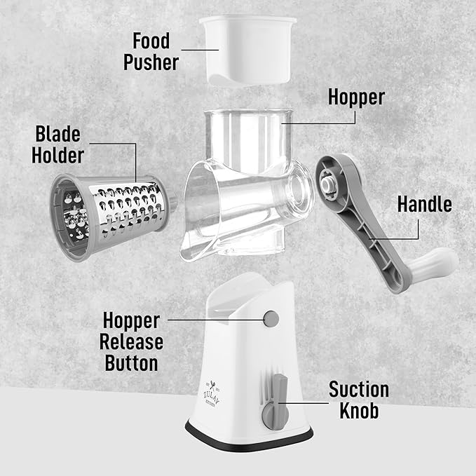 Zulay Kitchen Rotary Cheese Grater 5 Blade Cheese Shredder - Manual Hand Crank Cheese Grater With Reinforced Suction & 5 Interchangeable Drums - Easy to Use, Vegetable Chopper Round Mandoline Slicer