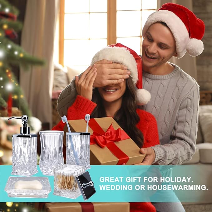 Bathroom Accessories Set,5 Pcs Clear Glass Bathroom Accessory Set,Complete Lotion Soap Dispenser,Toothbrush Holder, Soap Dish,Tumbler & Jar,Modern Bathroom Decor Sets,Gift for Home Apartment,Square