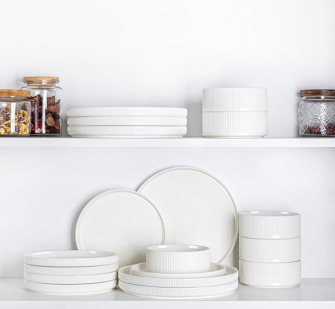 TheTerra Ceramic Dinnerware Sets for 8, 24 Pieces Porcelain Lightweight Plates and Bowls Sets, Scratch Resistant Dish Set, Oven & Microwave & Dishwasher Safe, Bright White