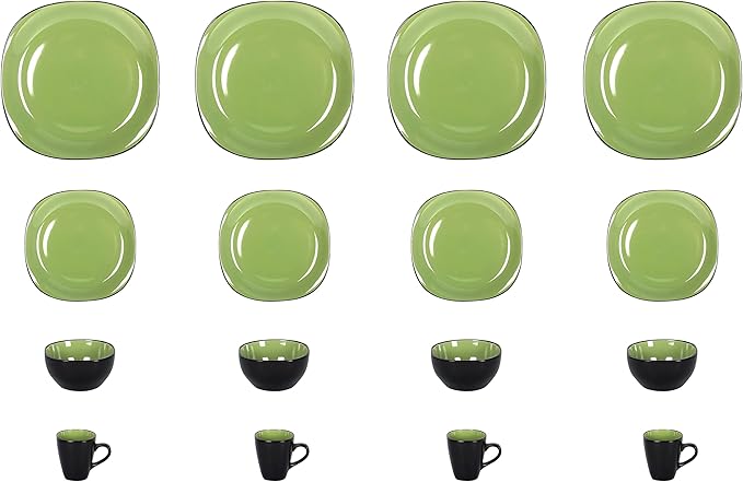 Stoneware Square 16pc Dinnerware Set, Inside Siny Green and Outside Matte Black