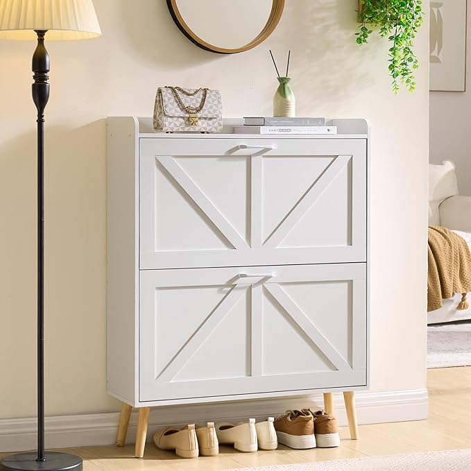 LEYAOYAO Shoe Storage Cabinet with 2 Flip Drawers,Narrow Shoe Storage Cabinet Organizer with Legs for Entryway Hallway, Living Room, Bedroom,Hidden Slim Storage Narrow Shoe Rack Cabinet,White