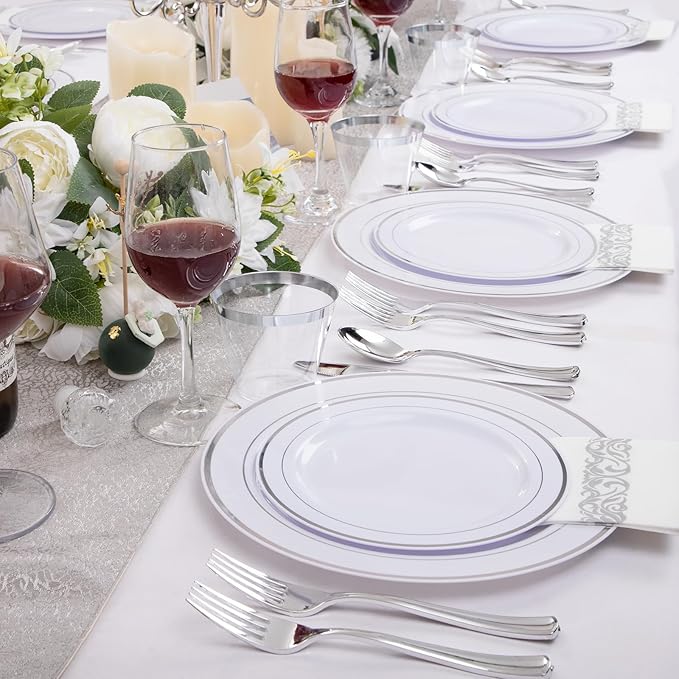 175Pcs Silver Plastic Dinnerware Set, Plastic Plates Disposable for 25 Guests Include:25 Dinner Plates, 25 Dessert Plates, 25 Paper Napkins, 25 Cups, 25 Silver Plastic Silverware Set