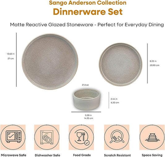 Sango 12 Pieces Stoneware Fluted Dinnerware Set, Modern Cream Dishes for 4, Premium Serving Plates and Bowls Sets, Chip & Scratch Resistant, Ceramic Kitchen Dish, Microwave & Dishwasher Safe, Anderson