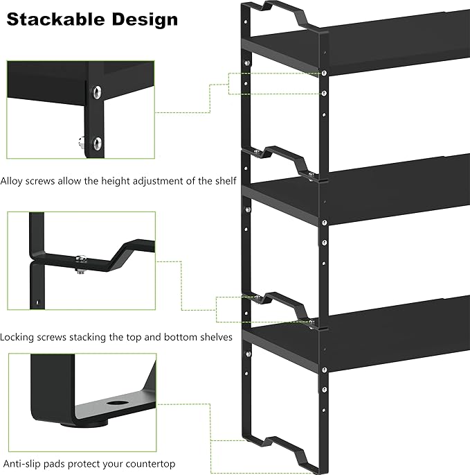 Expandable Shelf for Cabinet Organizer Adjustable Stackable Spice Rack at Kitchen and Bathroom More, Counter Countertop Cupboard Organization Pantry Storage(MEDIUM/3PACKS/BLACK)