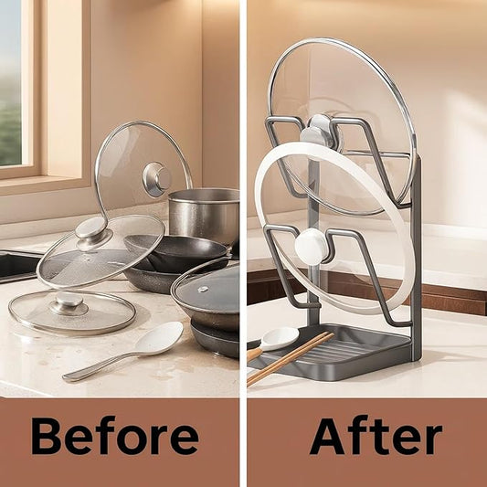 DOTH Kitchen Pot Lid Storage Rack, Stainless Steel Pot Lid Holder While Cooking with Removable Drip Tray, Upright Lid Holder While Cooking for Countertop Organization (Gray - Double Layer)