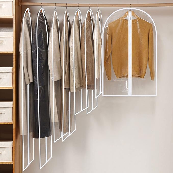 Garment Bags for Hanging Clothes, SMINDER Clear Plastic Bags Full Zipper Suit Bags PEVA Breathable Lightweight Garment Covers for Closet Storage, Suitable for Shirts, Jackets, Gowns (24" x 40"/8 Pack)