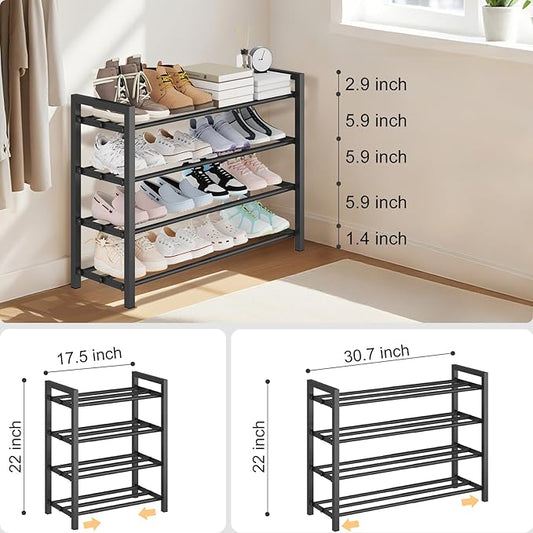 4-Tier Expandable Shoe Rack – Adjustable Metal Shoe Organizer for Closet, Entryway & Mudroom – Stackable, Heavy-Duty Storage, Black