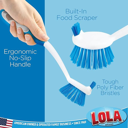 Dish Brush Scrubber for Kitchen, 36 Pack, by LOLA, Stiff Bristles & Food Scraper, Comfort No-Slip Grip Handle, Safe for Non-Stick & Coated Cookware