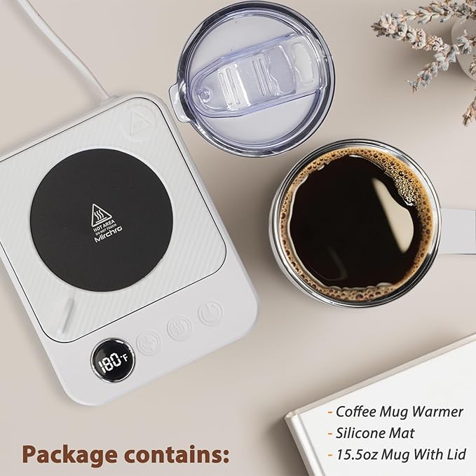 Coffee Mug Warmer & Mug Set for Desk, 36W Mug Warmer with Temperature Display, 1-12H Timer & 6 Temperature Settings, Fast Heating, Auto Shut Off, Smart Coffee Cup Warmer for Coffee (White Set)