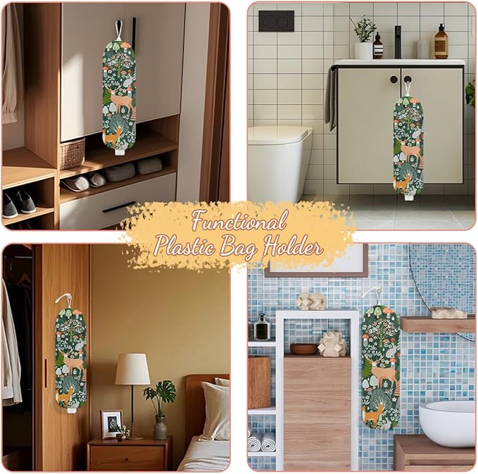 Forest Animals Plastic Bag Holder, Wall Mount Grocery Bag Holder, Plastic Storage bag, Pull Rope Free Adjustment, Plastic Bag Holders for Grocery Bags, Plastic Bag Dispenser for Home Kitchen