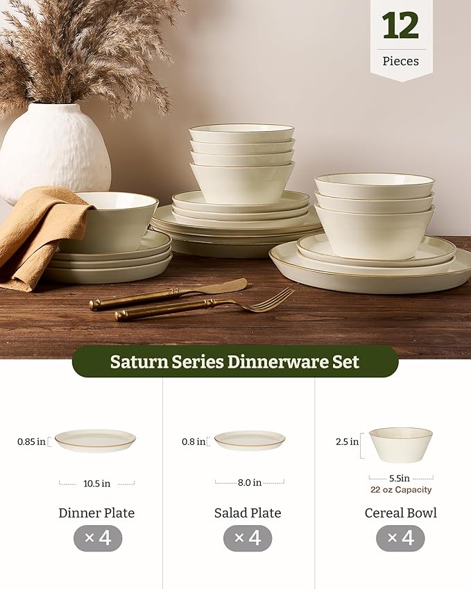 Famiware Saturn Dinnerware Sets, Plates and Bowls Sets for 4, 12 Pieces Stoneware Dish Set - Chip and Scratch Resistant, Microwave and Dishwasher Safe Tableware Set, Vanilla White with Rim