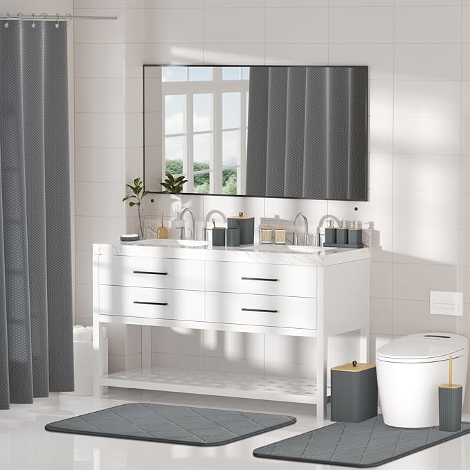 Bathroom Accessory Set - Grey Bathroom Set, 27PC Bathroom Accessories Set, Bathroom Sets with Shower Curtain and Rugs, Mini Trash Can, Toilet Brush, Trash Can & Soap Dispenser