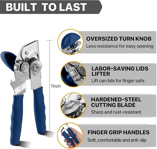 Can Opener Manual Heavy Duty, UHIYEE Hand Held Can Openers for Seniors with Comfort Grip Sharp Blade, Solid Steel Hand Manual Can Open with Magnet for Kitchen Camping, Blue