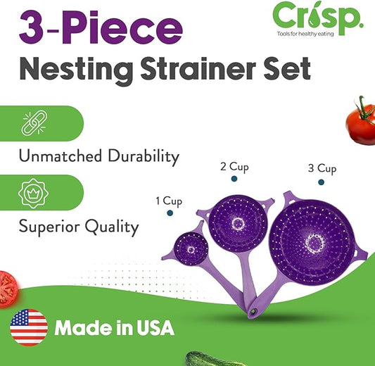 Crisp 3 Piece Nesting Strainer Set - Plastic, Durable Kitchenware, Dishwasher Safe - Made in the USA - Purple