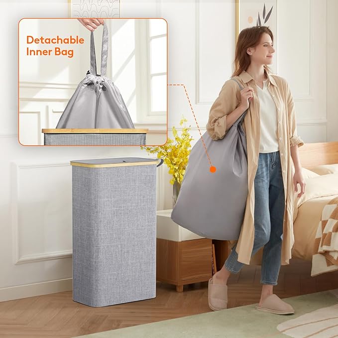 Lifewit 75L Slim Laundry Hamper with Lid, Narrow Laundry Basket with Removable Bag & Bamboo Handles, Fodable Thin Dirty Clothes Hamper for Laundry Collapsible Bin for Bathroom Bedroom Dorm, Gray