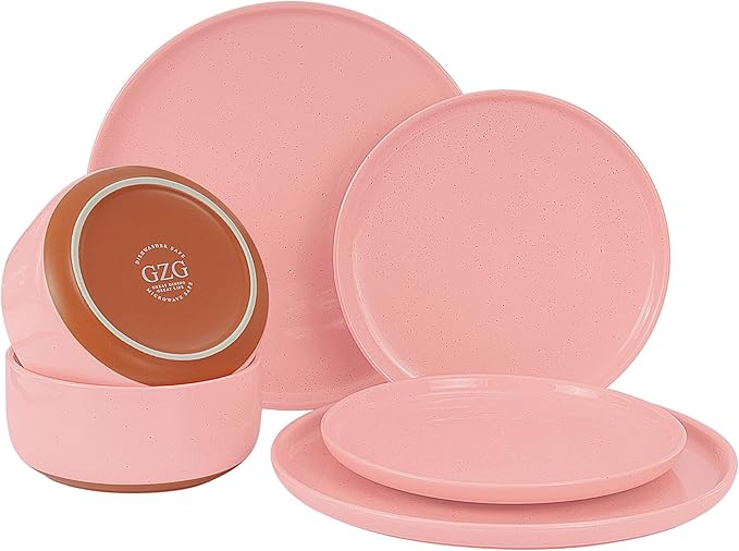 GZG Modern Art Series - 6 Pcs Speckled Stoneware Plates and Bowls Sets, Ceramic Dinnerware Set with Rustic Terracotta Underside, Microwave and Dishwasher Safe Handcrafted Dishes Set - Blush Pink