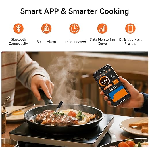Bluetooth Wireless Meat Thermometer with Smart APP, Long Range & Fast Charge, Digital Food Thermometer for Grill, Oven, Smoker, Christmas Perfect Gifts for Men Dad