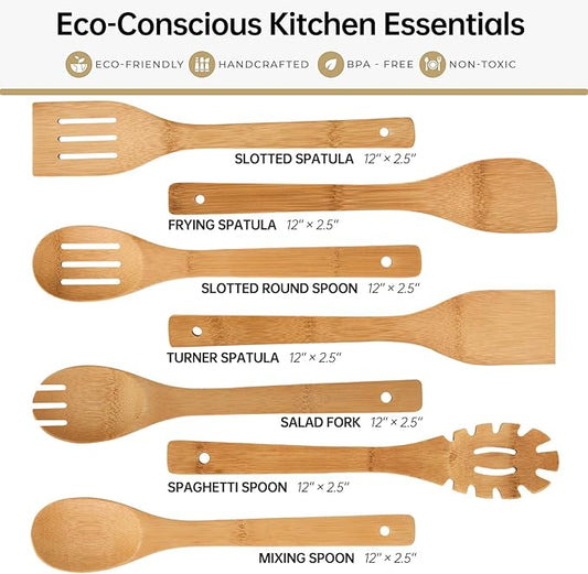7 Pcs Wooden Spoons for Cooking, Natural Bamboo Utensil Set for Nonstick Pans & Cookware, Non Toxic, Easy Clean, Lightweight & Heat Resistant
