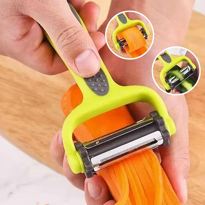 3-in-1 Rotary Vegetable Peeler with 3 Blades - Multi-Function Stainless Steel Peeler & Julienne Slicer - Ergonomic Non-Slip Grip Handle for Potato, Carrot, Fruit, Tomato, Kitchen Gadgets (Thin Green)