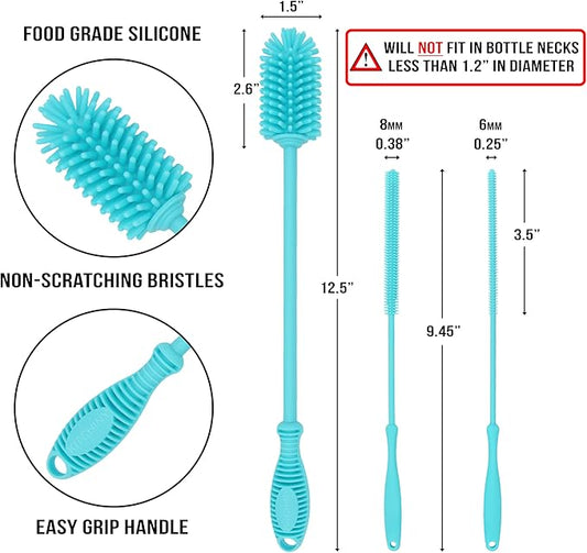 12.5β Silicone Bottle Brush & Straw Cleaner Brush Set | Water Bottle Cleaner for Hydro Flasks, Tumblers, Glassware, Vases and Narrow Neck Containers