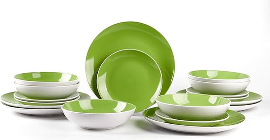 Stoneware Coupe Shape Dinnerware Set, Outside White + Inside Bamboo Color