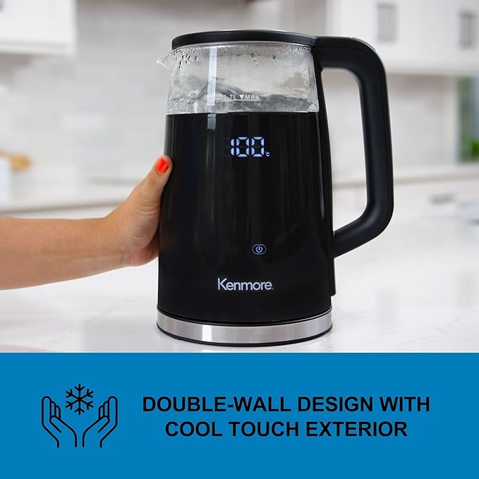 Kenmore Electric Kettle - Cordless Digital Calentador De Agua, Instant Pot Tea Kettle, Preset Temperature Control, Automatic Shut- Off, Cool Touch, Hot Water Boiling Heater, 1.7 Liter Black
