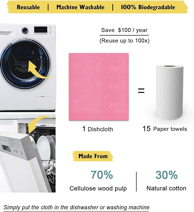 Swedish Dishcloths for Kitchen | 6 Pack Absorbent Cellulose Sponge Cloths Washable | Non-Scratch Reusable Paper Towels Quick Drying Cleaning Cloths - Pink