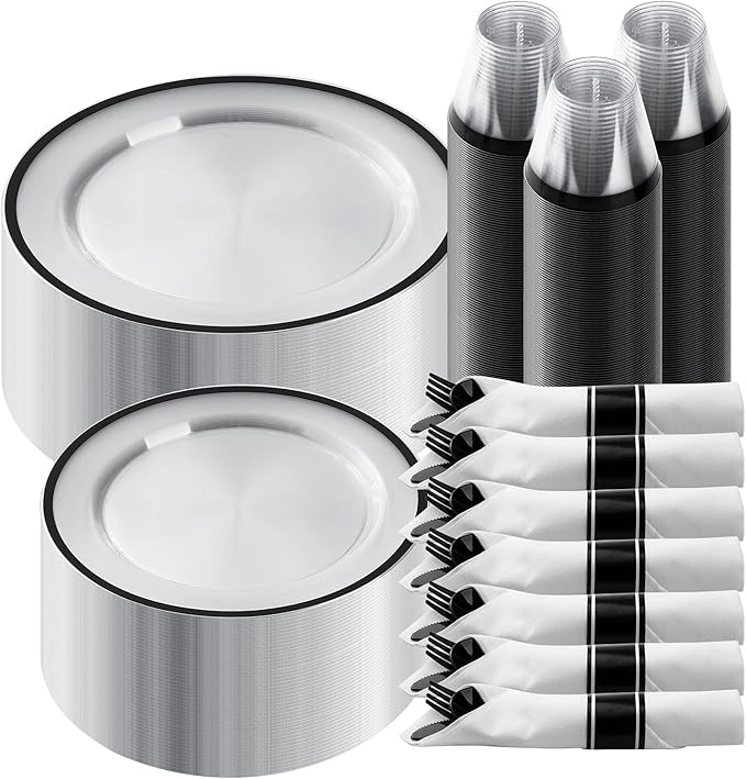 Goodluck 350 Piece Black Plastic Dinnerware Set for Party, Clear Disposable Plates for 50 Guests, Include: 50 Dinner Plastic Plates, 50 Dessert Plates, 50 Pre Rolled Napkins with Cutlery Set, 50 Cups