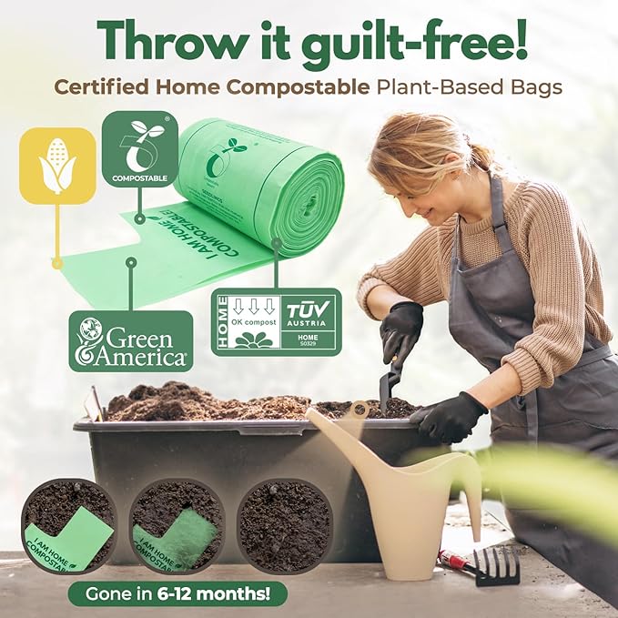 Compostable Kitchen Trash Bags13 Gal - Cornstrarch Leakproof & Tear Resistant 100 Compost Bags - OK Compost Home & Seedling Certified 0.25 mm Kitchen Garbage Bags