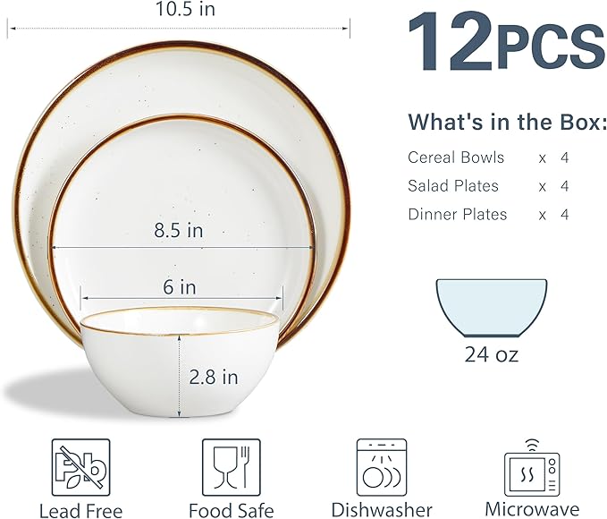 ONEMORE Plates and Bowls Set, Dinnerware Sets for 4, Porcelain Kitchen Dishes Set 12pcs, Scratch Resistant, Modern Aesthetic Dishware Sets- Microwave & Dishwasher Oven Safe,Farmhouse Style Cream White