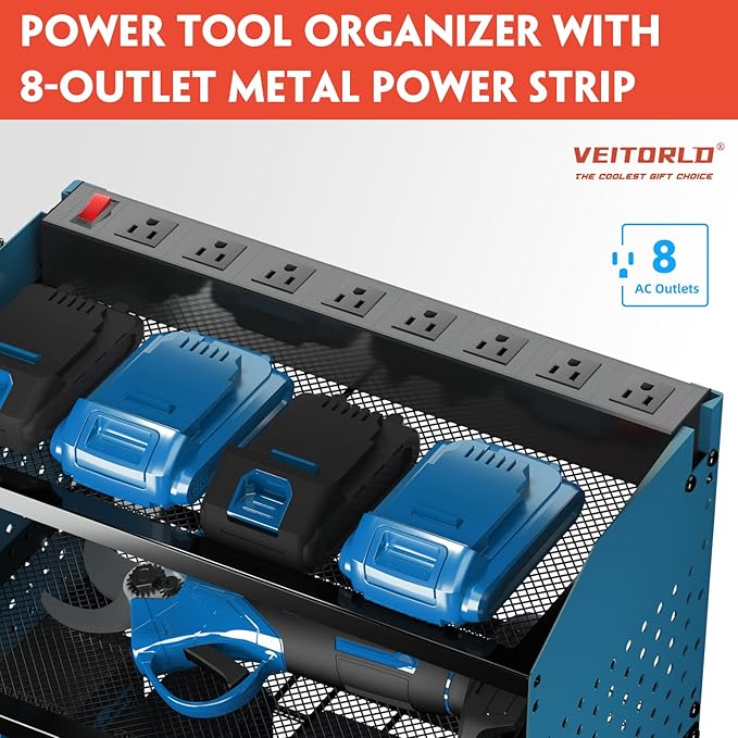 Veitorld Power Tool Organizer with Power Strip, 4 Drill Holders Tool Storage, Heavy Duty Rack for Garage Organization, Wall Mount Tool Organizer, Christmas Anniversary Birthday Gifts for Men Dad Him