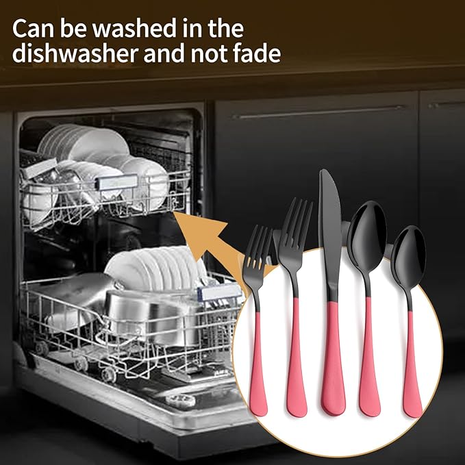 20-Piece Black Silverware Set 18/0 Stainless Steel Silverware Set Pink Handle Cutlery Set Service for 4 Dinner Knives Forks Spoons Set Flatware Set Finish Dishwasher Safe(Black and Pink)