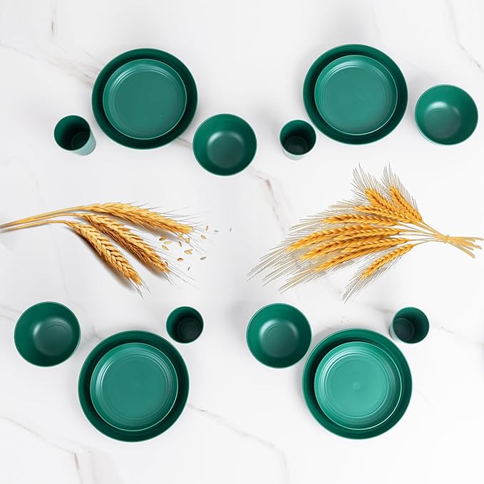 LIYH 24 Pcs Plastic Wheat Straw Dinnerware Set of 6 Plates and Bowls Set Reusable Plates Camping Plates Cups and Bowls Unbreakable Dinnerware Set(Green)