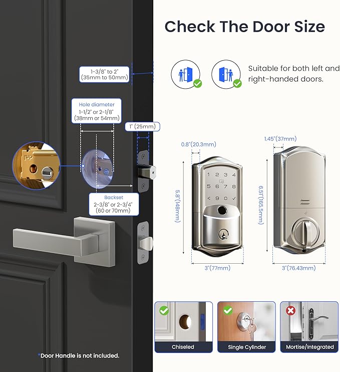 Veise VE027 Built-in Wi-Fi Smart Lock, Fingerprint Keyless Entry Front Door Lock, App Remote Control, No Hub Needed, Keypad Deadbolt, IP65 Waterproof, Auto Lock, BHMA Grade 3, Satin Nickel