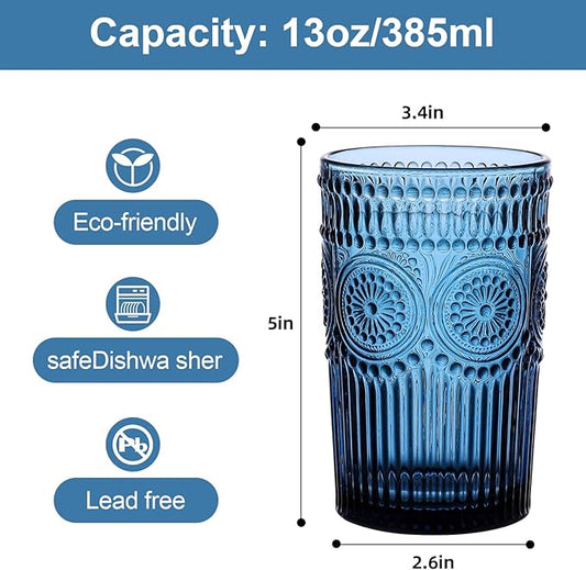 Vintage Glassware Drinking Glasses Set of 6,13 oz Blue Textured Flower Design Glass Water Tumblers,Embossed Striped Drinkware for Water,Cocktails,Juice,Iced Coffee