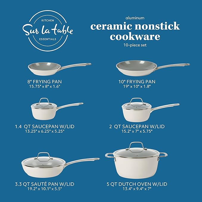 Sur La Table Kitchen Essentials 10 Piece PFA Free Non-Toxic Titanium Ceramic Nonstick Interior Forged Aluminum Cookware Pots and Pans Set - Linen White - Induction Compatible