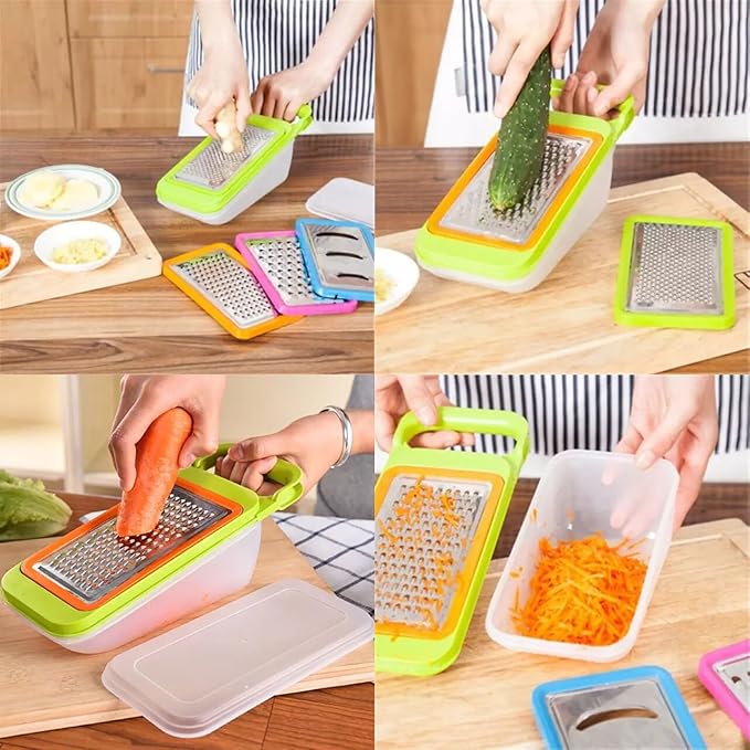 Tenta Kitchen Good Grips Complete Grater & Slicer Set 4 in 1 Onion Chopper, Vegetable Slicer, Fruit and Cheese Cutter Container With Storage Lid (Green)