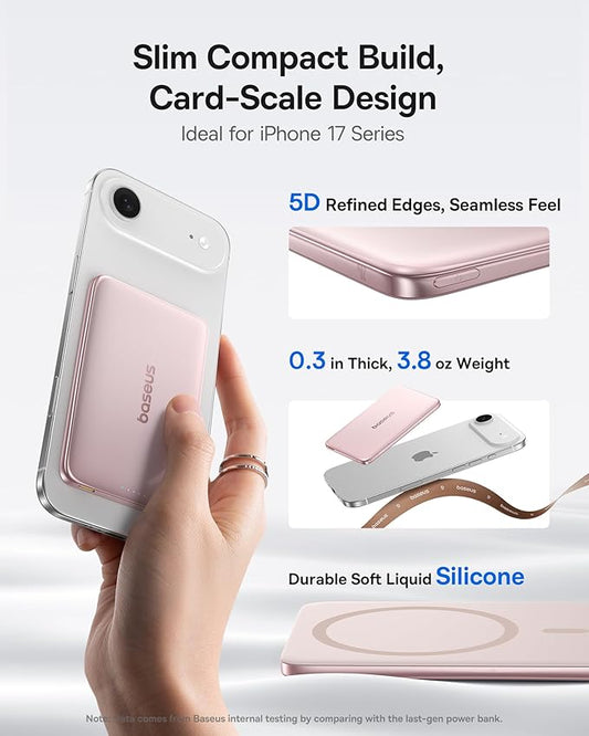 Baseus Picogo Power Bank, 0.3" Ultra Slim 5000mAh MagSafe Battery Pack, Upgraded Polished Alloy Magnetic Portable Charger, Wireless Charger with USB-C Cable for iPhone 17 Pro Max/17 Air/16/15/14/13/12