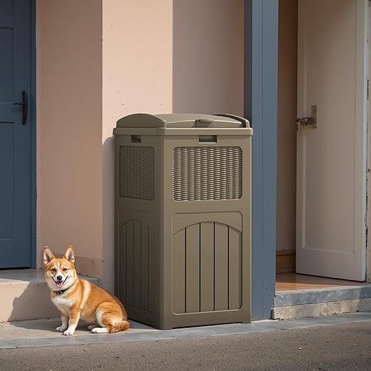 Flamaker 30 Gallon Trash Can, Resin Outdoor Garbage Can with Lid, Waterproof Hideaway Patio Waste Bins for Outside Use (2 Pack, Brown)